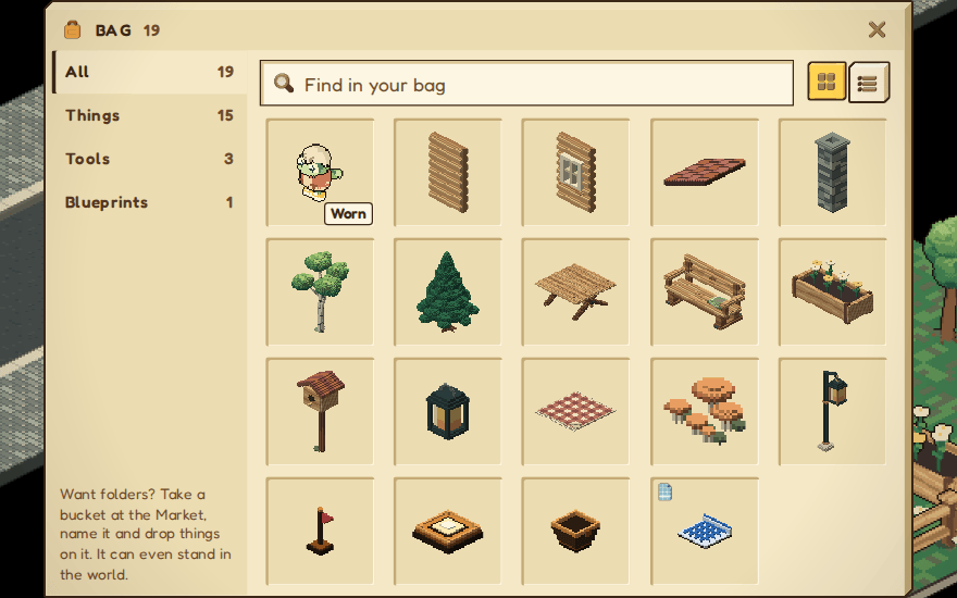 The BAG window with All, Things, Tools and Blueprints down the side, showing a worn character, cabin pieces, trees, garden things, a land flag, a waygate, a bucket and a blank blueprint.
