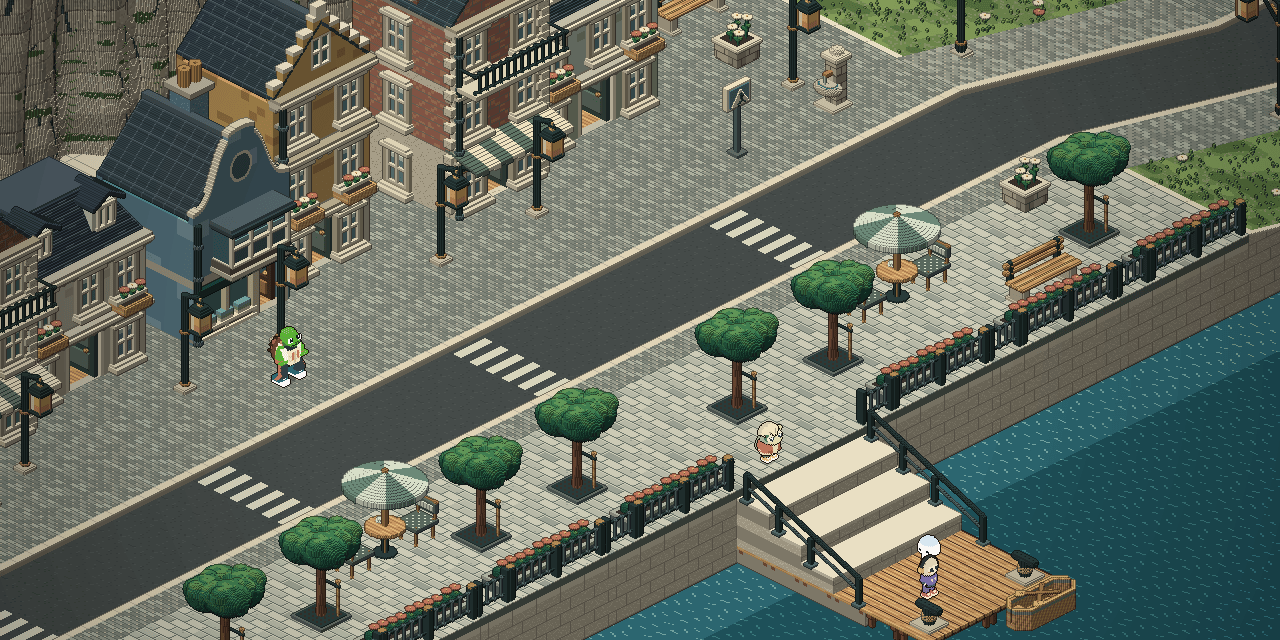 The arrival town: townhouses along the street, the tree-lined promenade, the stone stairs and the wooden jetty over dark water, a few players about.